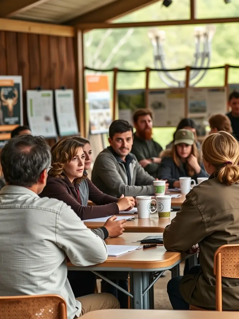 A photograph showing participants in an educational workshop organized by ASSOCIATION COMMUNALE DE CHASSE AGREEE DE LA MONSELIE, learning about ethical hunting practices and wildlife conservation. The setting is a classroom or outdoor environment.