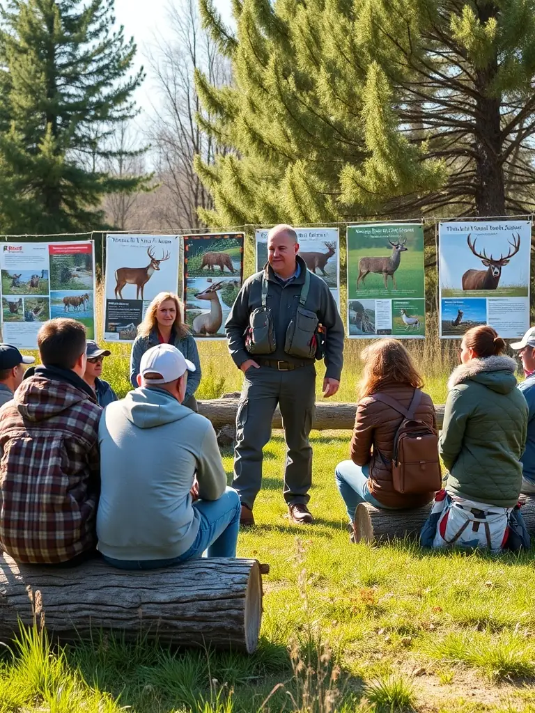 An instructor leading a workshop with participants learning about wildlife management and ethical hunting, highlighting the organization's educational initiatives.