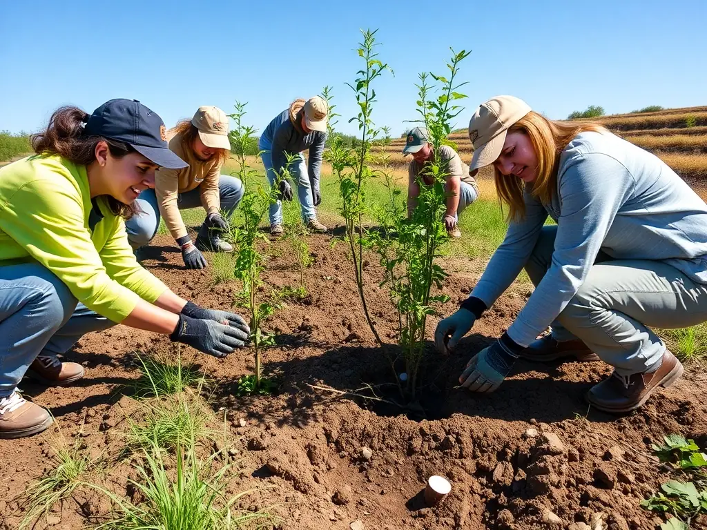 A group of volunteers planting trees in a deforested area, illustrating habitat restoration and conservation efforts.