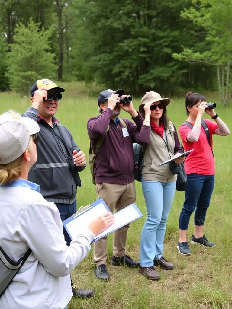 A photograph depicting members of ASSOCIATION COMMUNALE DE CHASSE AGREEE DE LA MONSELIE participating in a wildlife census, using binoculars and notebooks in a natural setting. The image should convey a sense of scientific observation and dedication to wildlife monitoring.