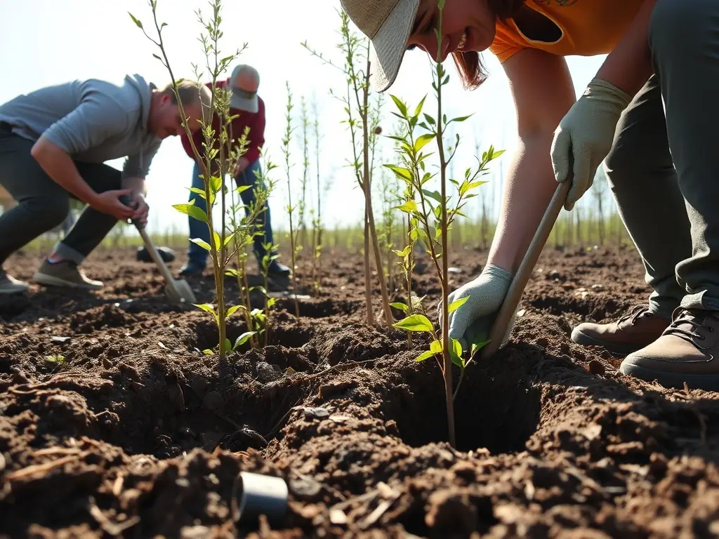 A photograph depicting volunteers planting trees in a deforested area, symbolizing habitat restoration efforts by ASSOCIATION COMMUNALE DE CHASSE AGREEE DE LA MONSELIE.