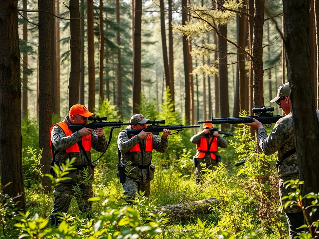 A workshop session where experienced hunters are teaching new members about ethical hunting practices, including proper firearm handling and wildlife identification.