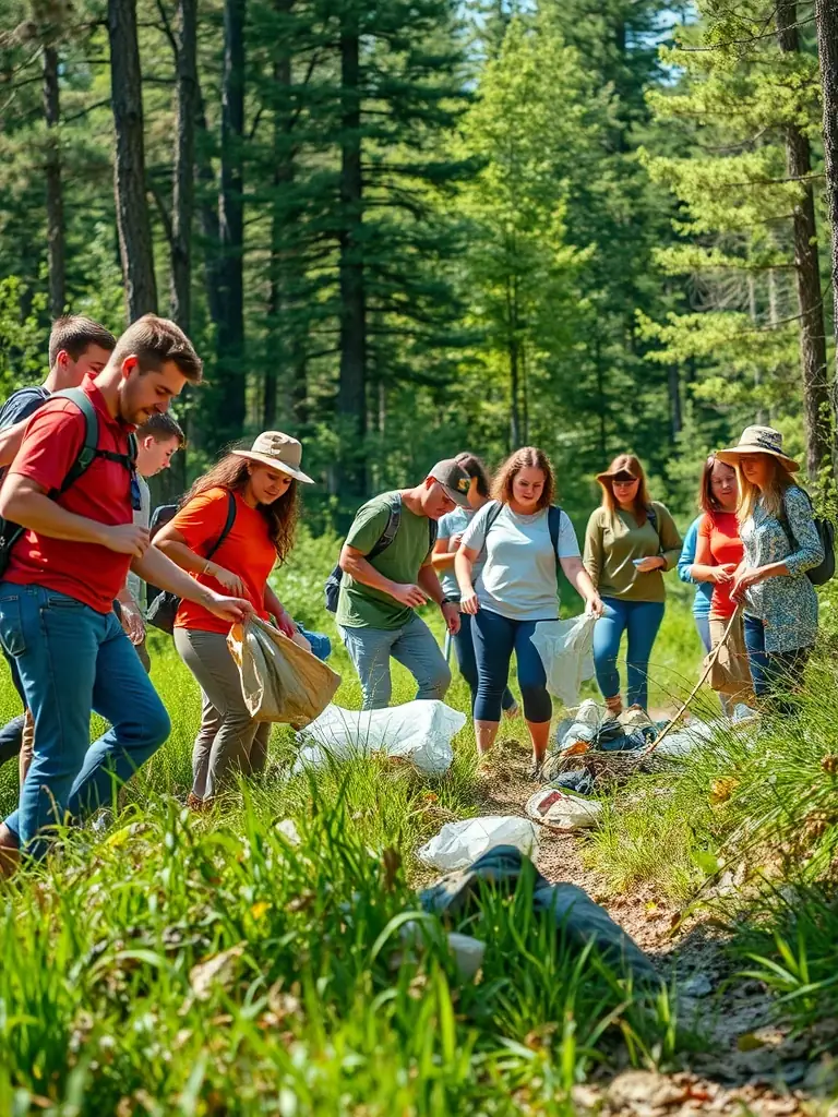 A photograph of ASSOCIATION COMMUNALE DE CHASSE AGREEE DE LA MONSELIE members cleaning up a local forest area, collecting litter and debris. The image should highlight the association's commitment to environmental stewardship.