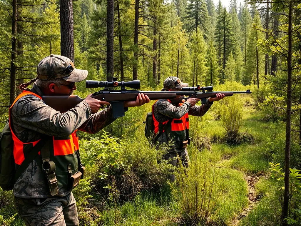 A scenic landscape featuring hunters participating in a controlled hunt, emphasizing responsible hunting practices and wildlife management.