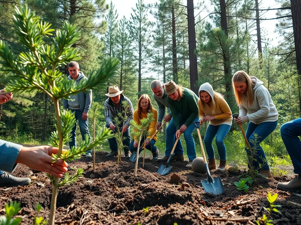 A group of volunteers participating in a habitat restoration project, planting native trees and shrubs in a deforested area. The scene emphasizes community involvement and environmental stewardship.
