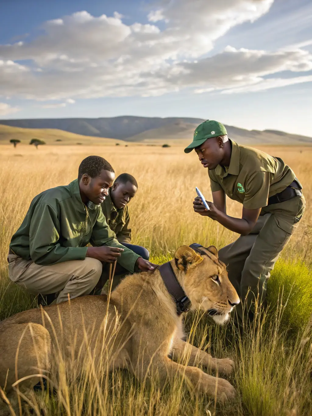 A lush forest scene with conservationists monitoring wildlife and engaging with local community members, showcasing the organization's commitment to wildlife conservation.